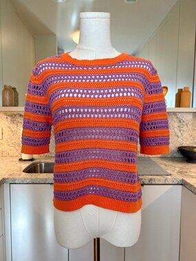 Easy Clothes Inya Orange & Purple Striped Crochet Open Knit Top - S/M